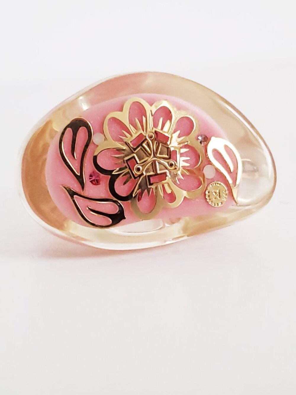Luc Kieffer Pink Resin Gold Floral Filigree Ring Sz 6 NWOT